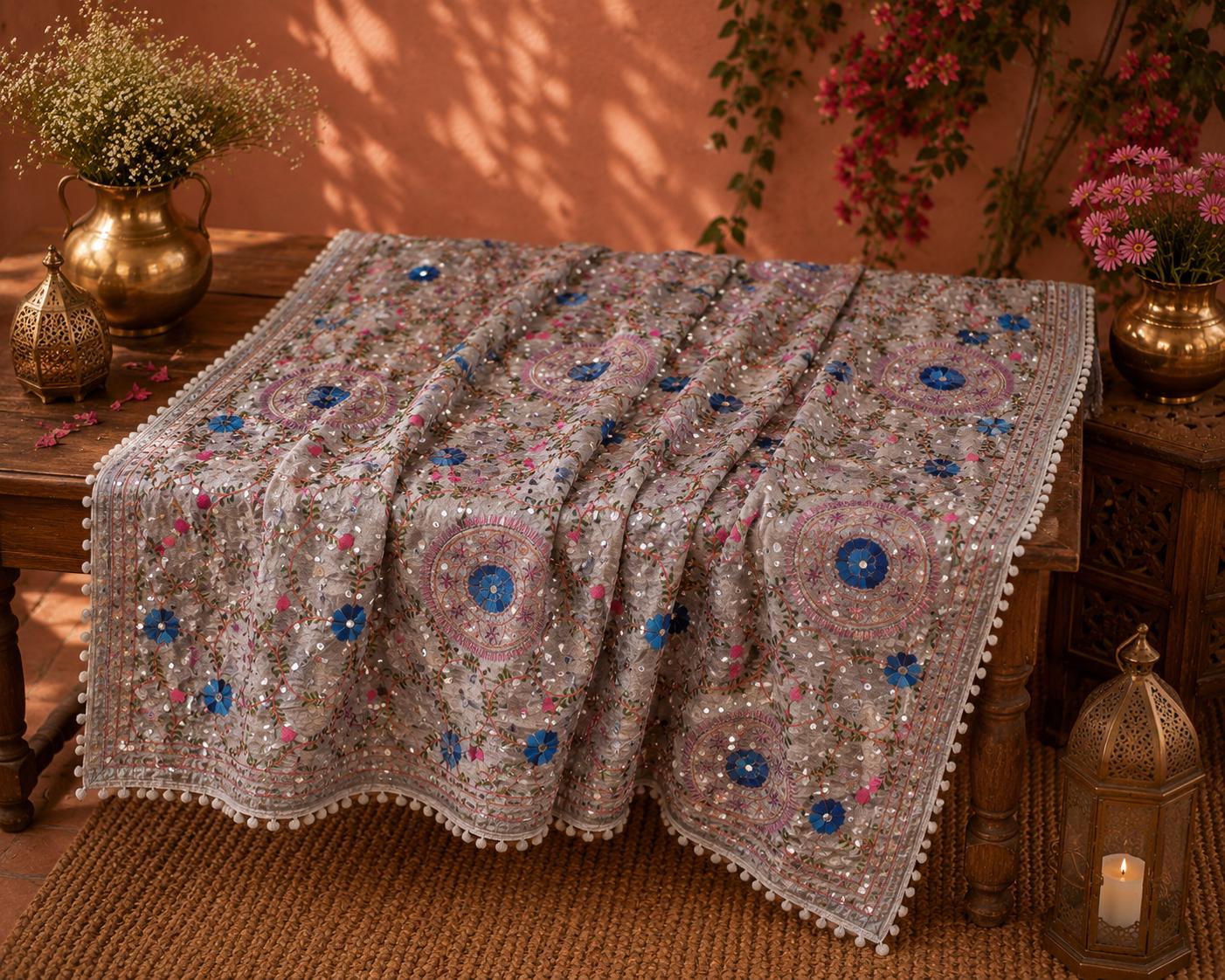 Grey Kantha Work Dupatta with Mirror Work | Indian Ethnic Festive Scarf