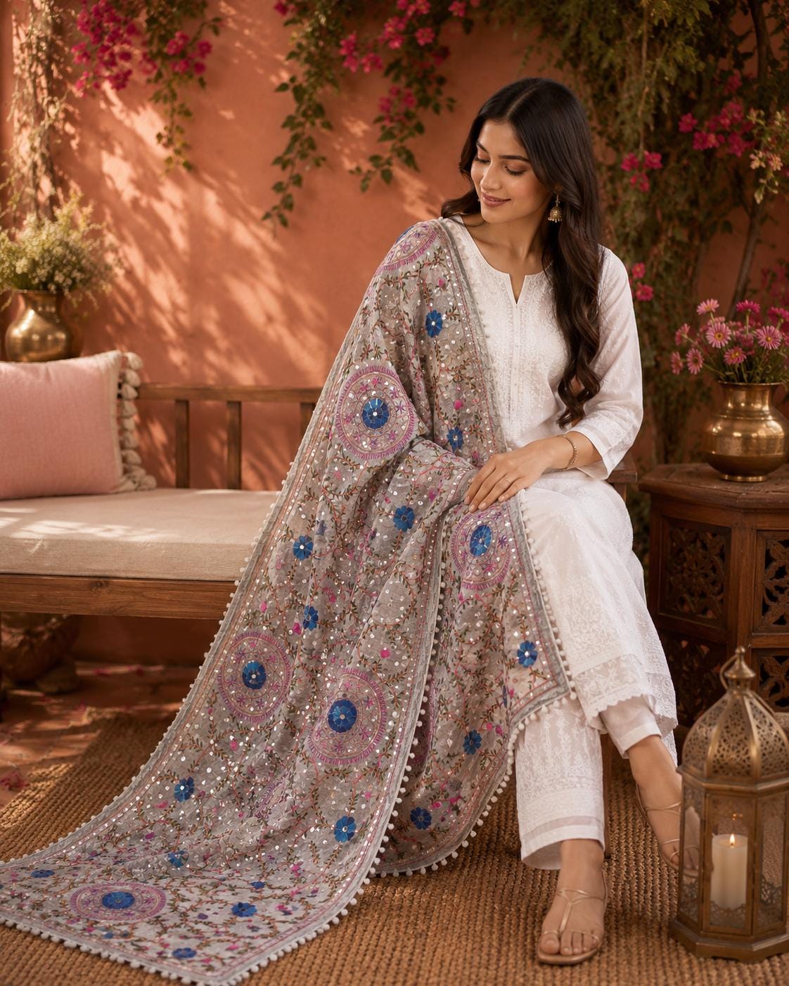 Grey Kantha Work Dupatta with Mirror Work | Indian Ethnic Festive Scarf