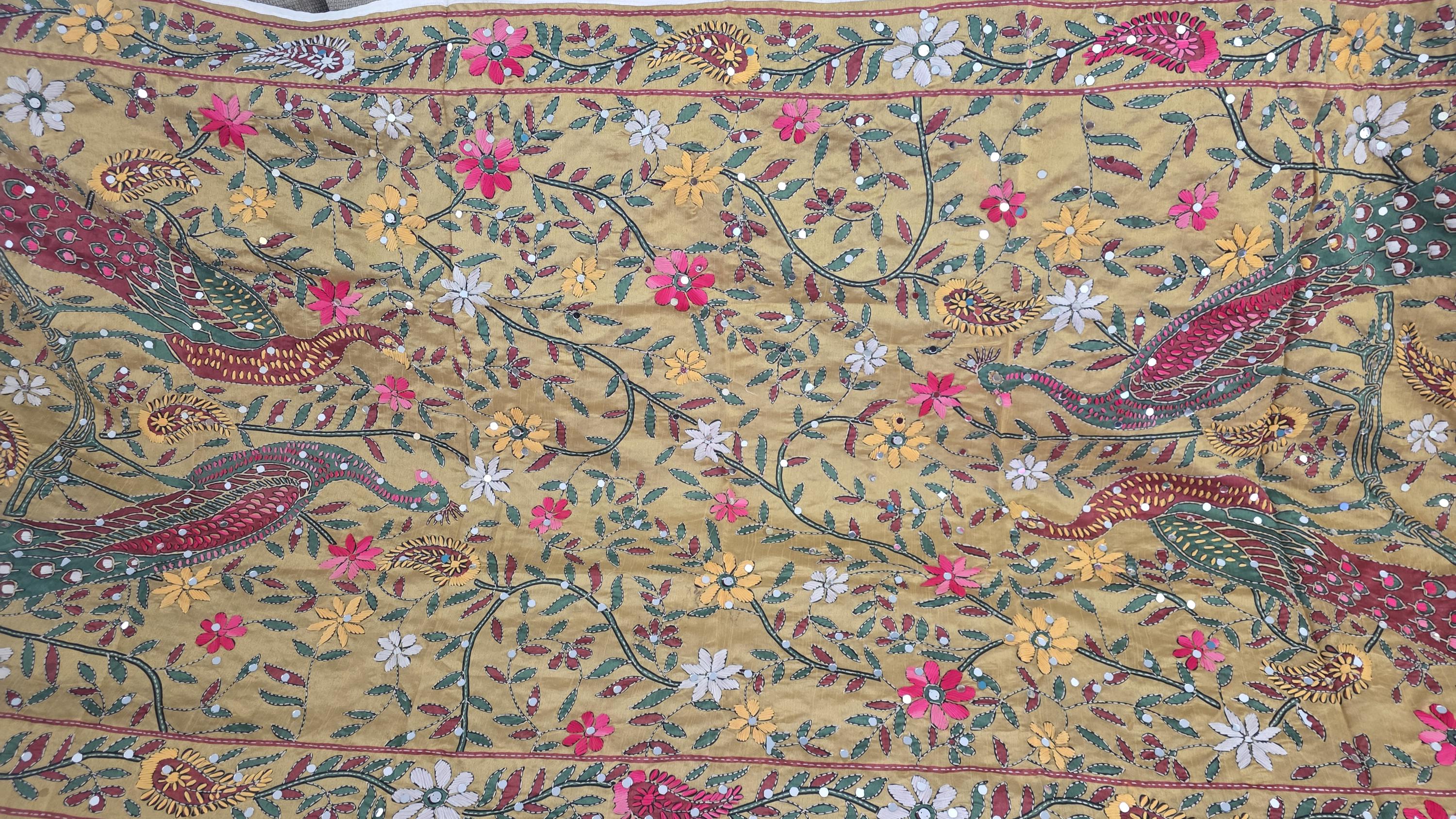 Mustard yellow Kantha Work Dupatta with Mirror Work | Indian Ethnic Festive Scarf