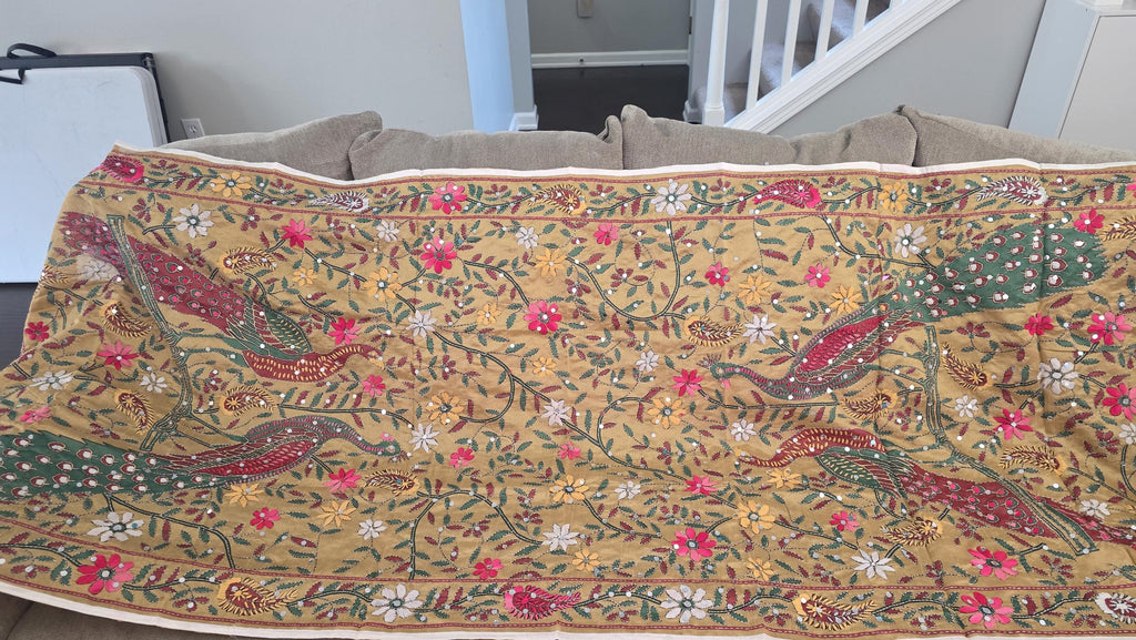 Mustard yellow Kantha Work Dupatta with Mirror Work | Indian Ethnic Festive Scarf