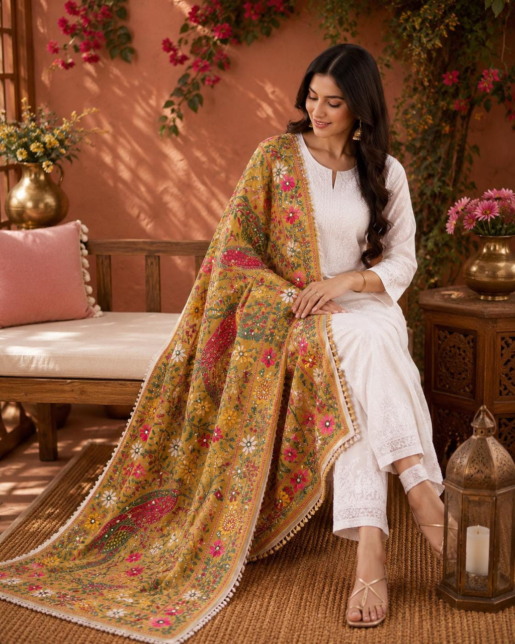 Mustard yellow Kantha Work Dupatta with Mirror Work | Indian Ethnic Festive Scarf