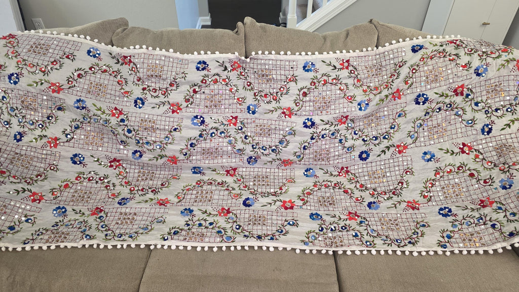 White Kantha Work Dupatta with Mirror Work | Indian Ethnic Festive Scarf