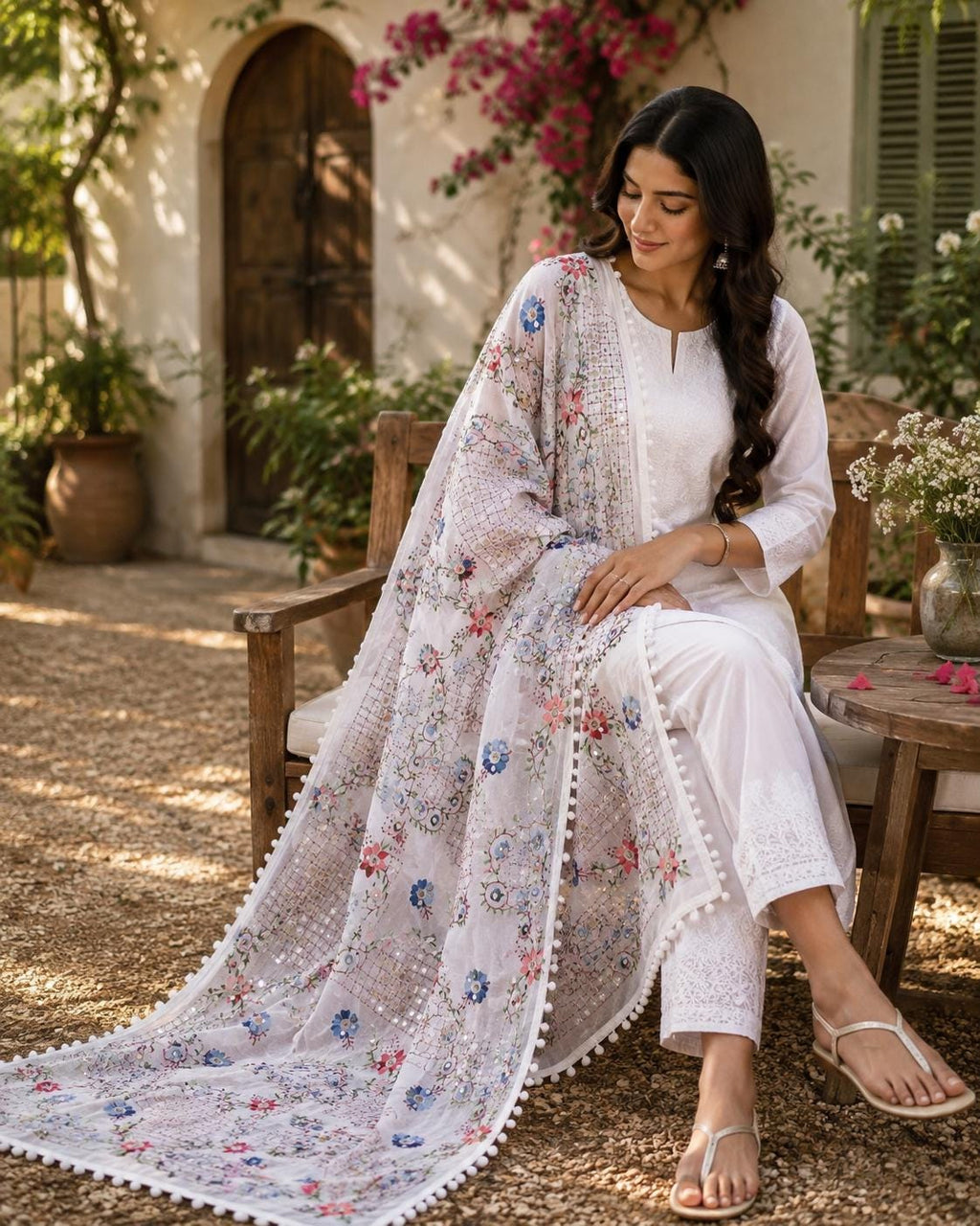 White Kantha Work Dupatta with Mirror Work | Indian Ethnic Festive Scarf