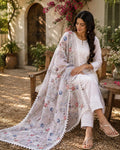 White Kantha Work Dupatta with Mirror Work | Indian Ethnic Festive Scarf