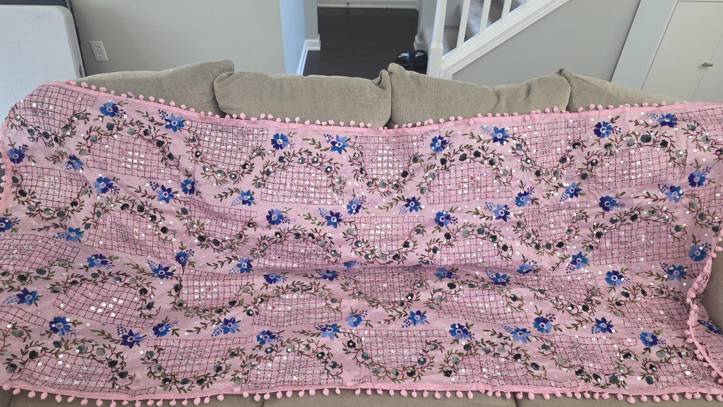 Pink Kantha Work Dupatta with Mirror Work | Indian Ethnic Festive Scarf