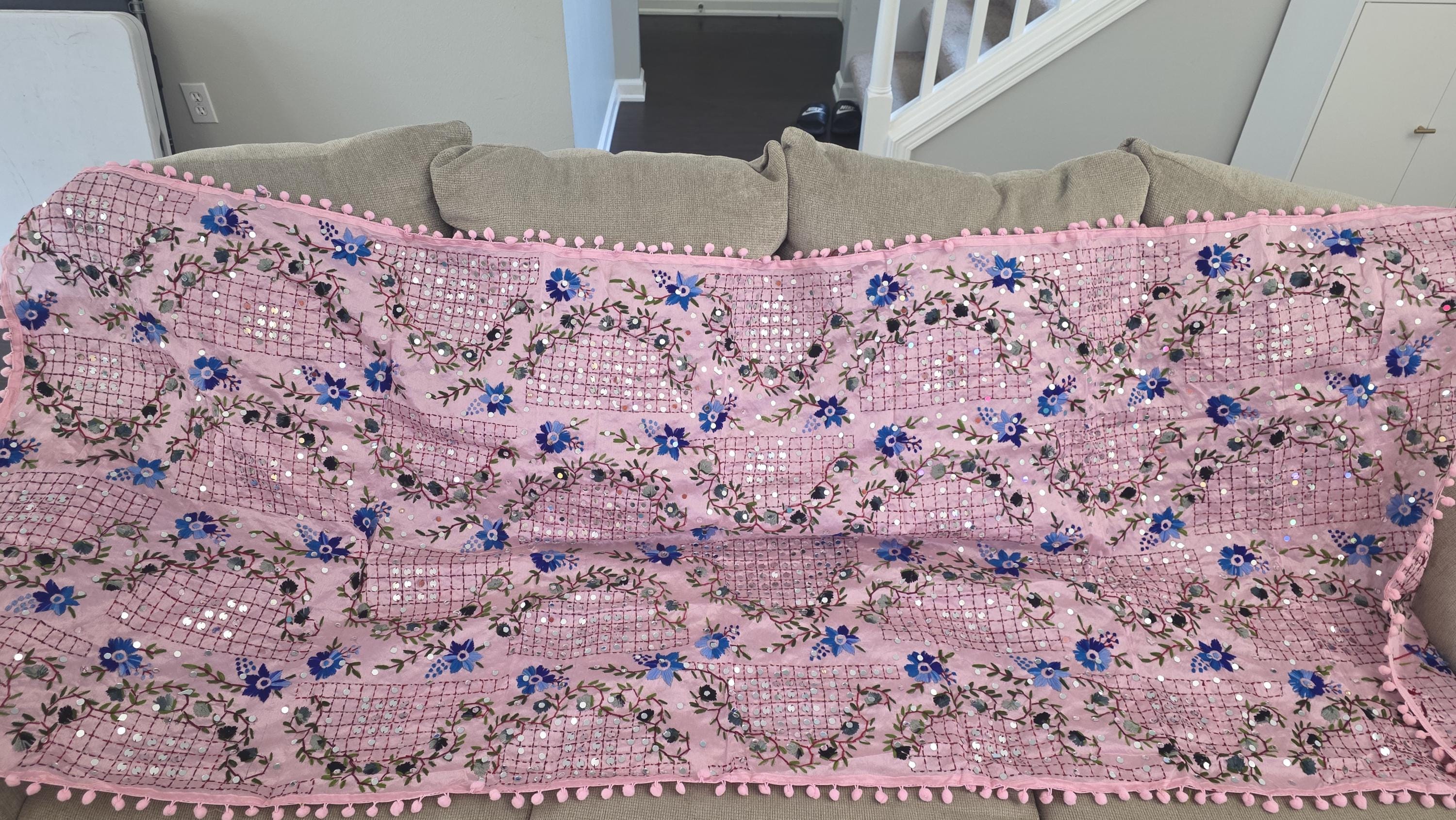Pink Kantha Work Dupatta with Mirror Work | Indian Ethnic Festive Scarf