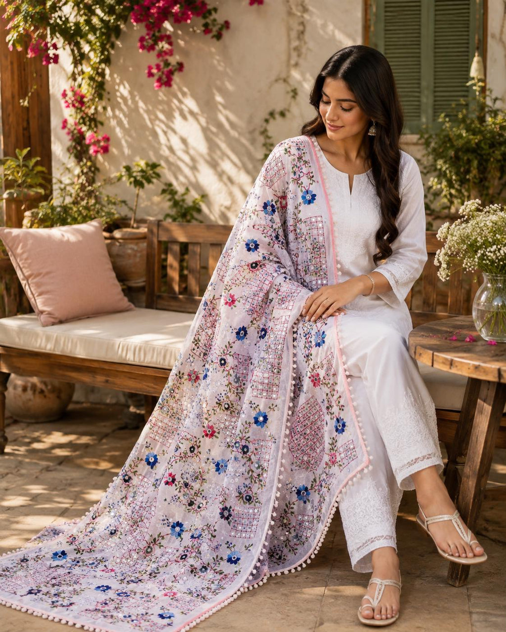 Pink Kantha Work Dupatta with Mirror Work | Indian Ethnic Festive Scarf