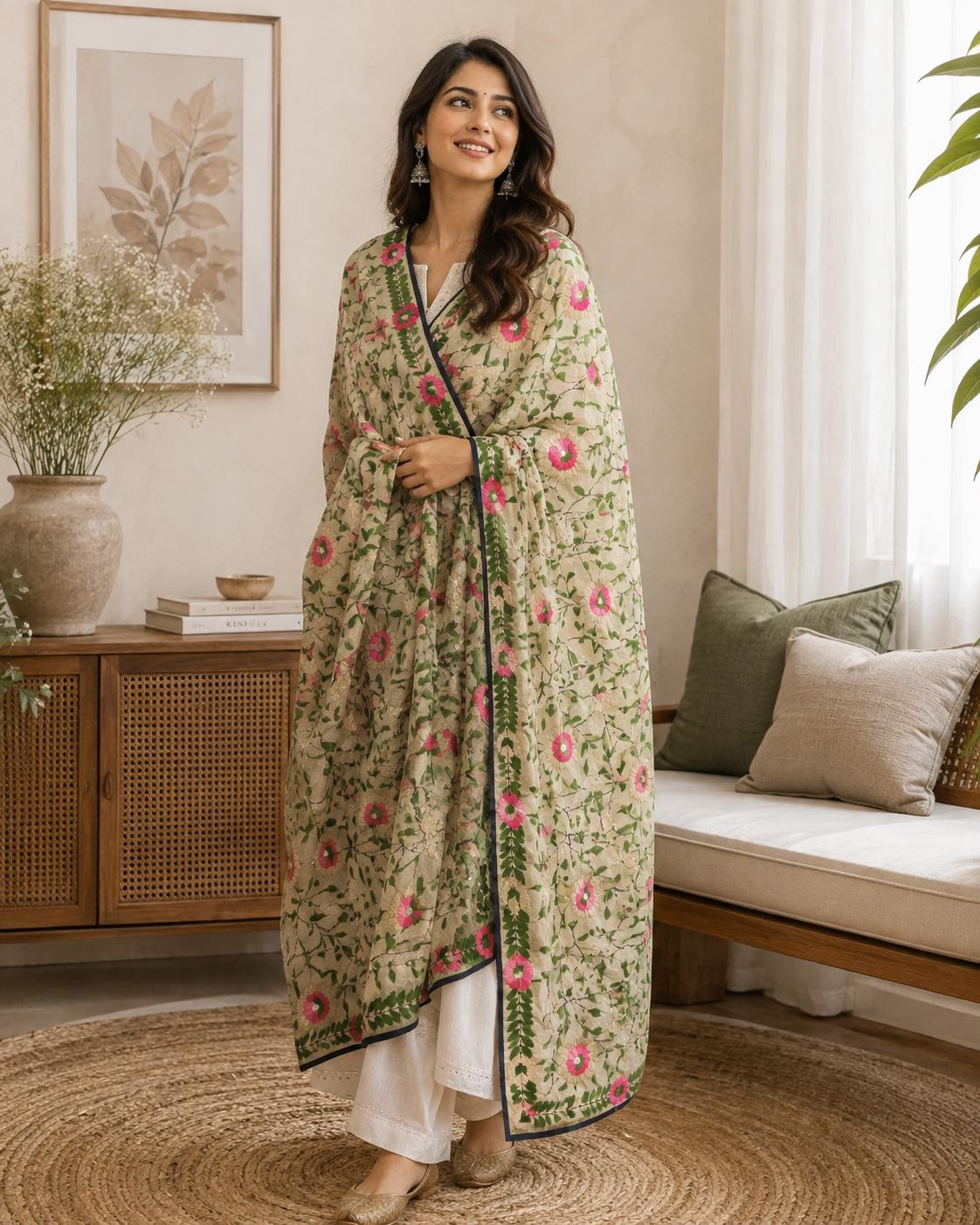 Pista green Kantha Work Dupatta with Mirror Work | Indian Ethnic Festive Scarf