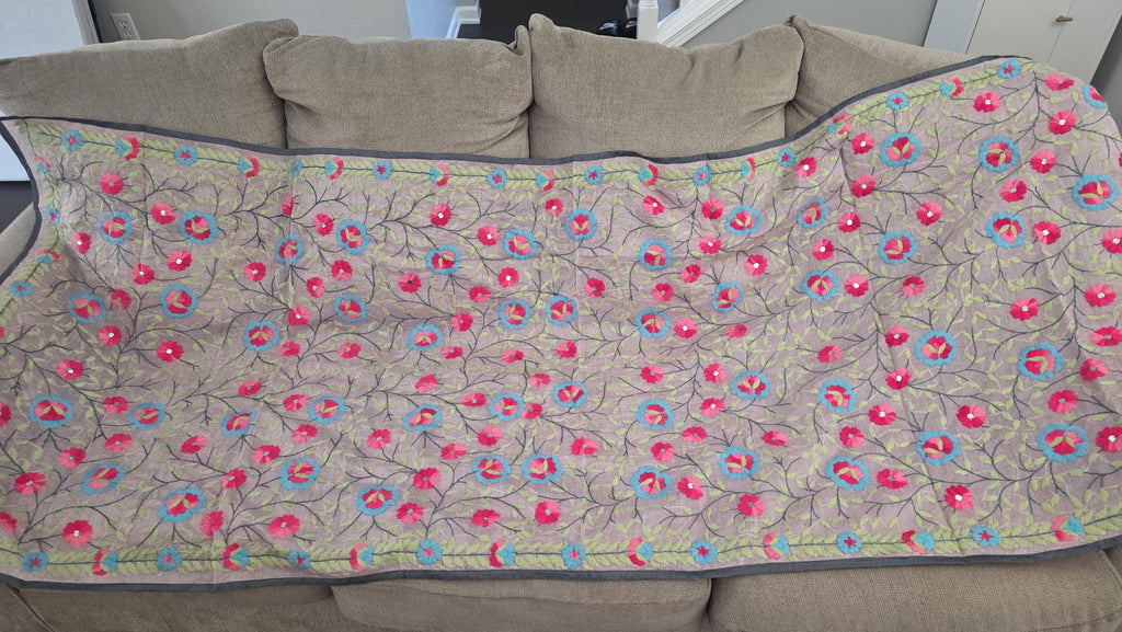 Dusty Lilac base with vibrant pink and turquoise floral embroidery."Kantha Work Dupatta with Mirror Work | Indian Ethnic Festive Scarf