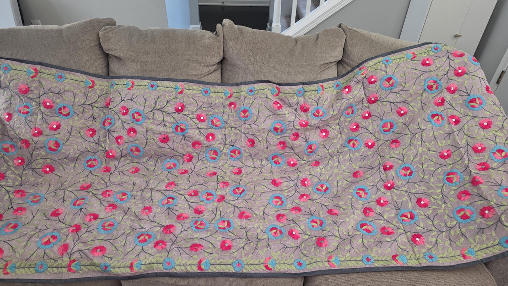 Dusty Lilac base with vibrant pink and turquoise floral embroidery."Kantha Work Dupatta with Mirror Work | Indian Ethnic Festive Scarf