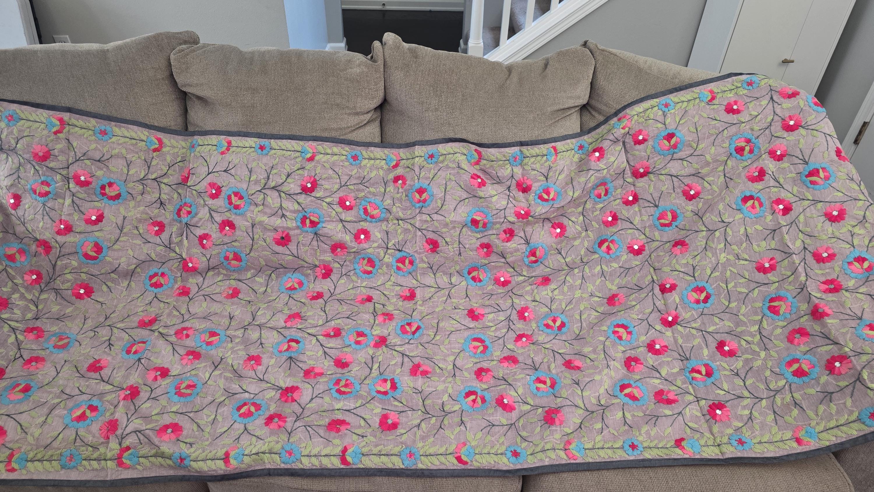 Dusty Lilac base with vibrant pink and turquoise floral embroidery."Kantha Work Dupatta with Mirror Work | Indian Ethnic Festive Scarf