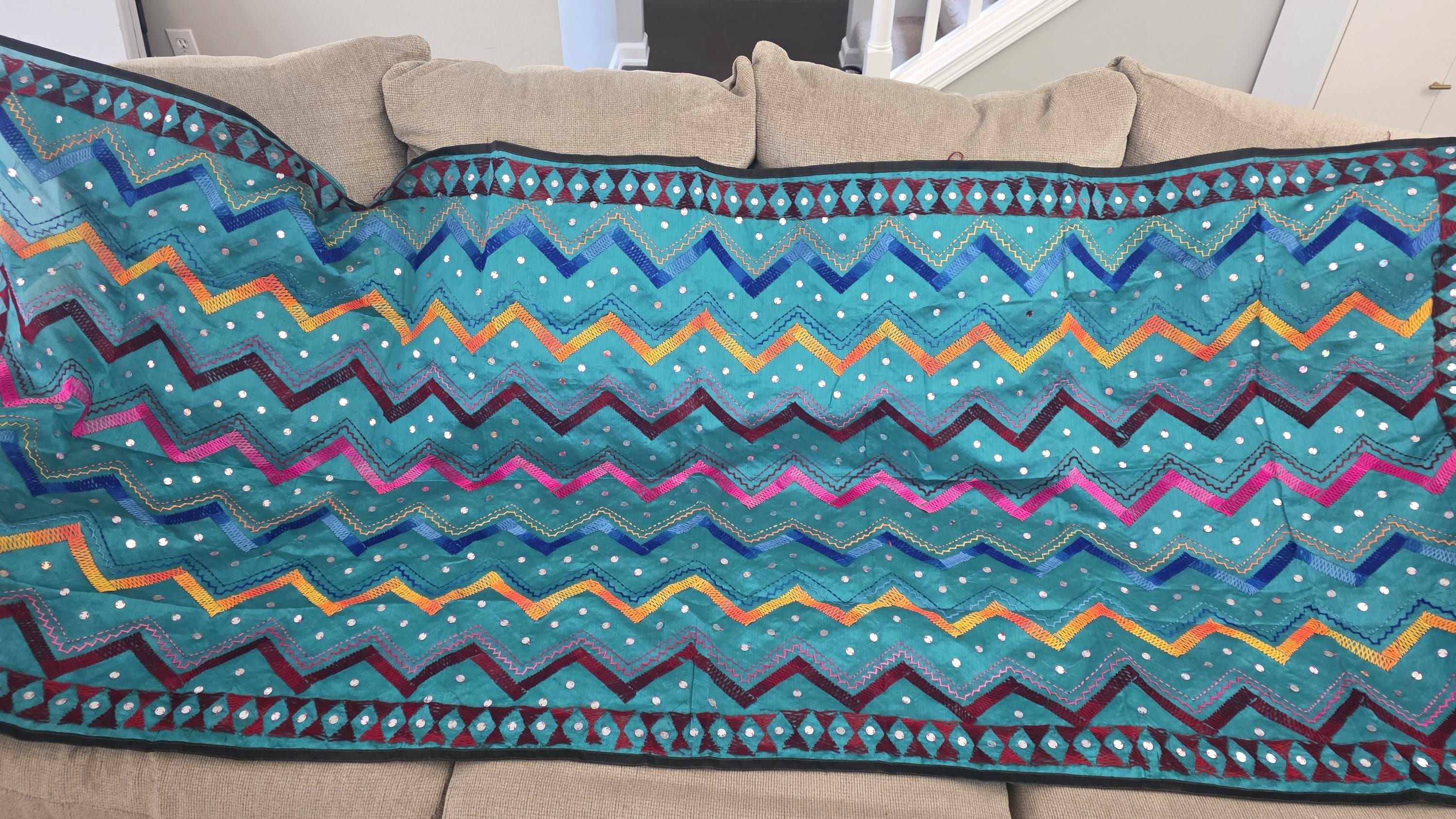 Greenish blue Kantha Work Dupatta with Mirror Work | Indian Ethnic Festive Scarf