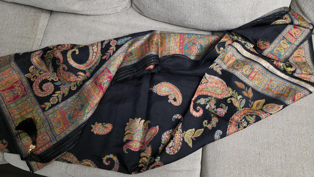 Pure Crepe Black Saree | Paisley Printed Designer Saree | Soft Lightweight Indian Saree | Party Wear | Wedding | Gift for Her