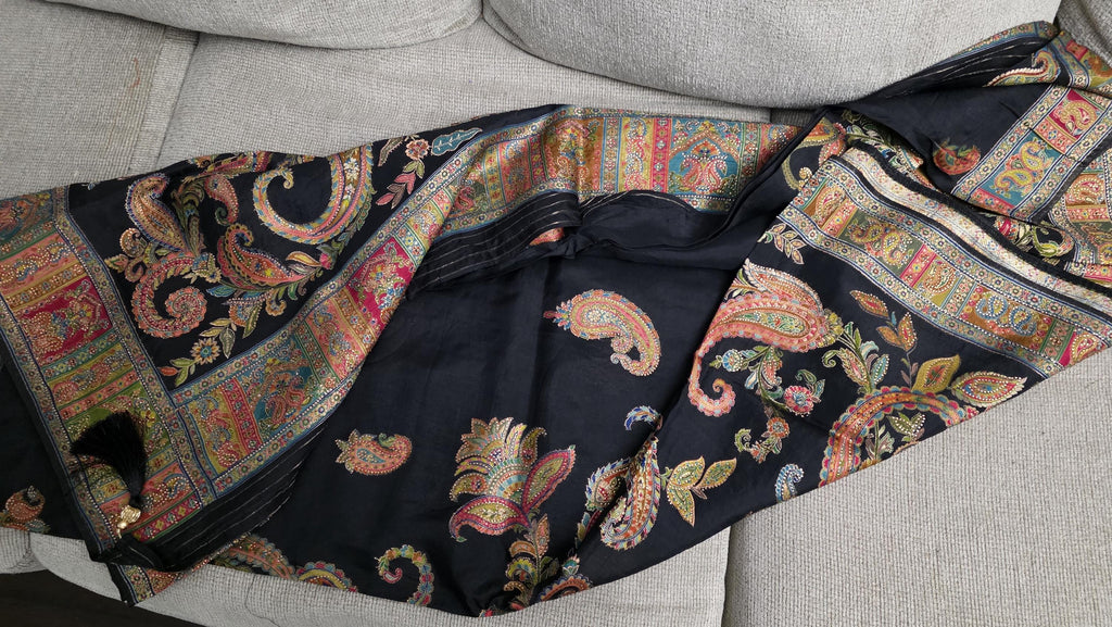 Pure Crepe Black Saree | Paisley Printed Designer Saree | Soft Lightweight Indian Saree | Party Wear | Wedding | Gift for Her