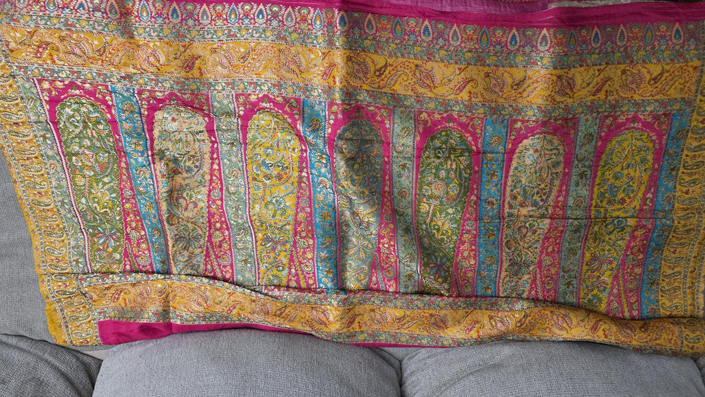 Hot Pink Pure Crepe Silk Saree with Yellow Kashmiri Palla | Luxury Paisley Designer Saree | Wedding Party Wear | Includes Blouse Piece