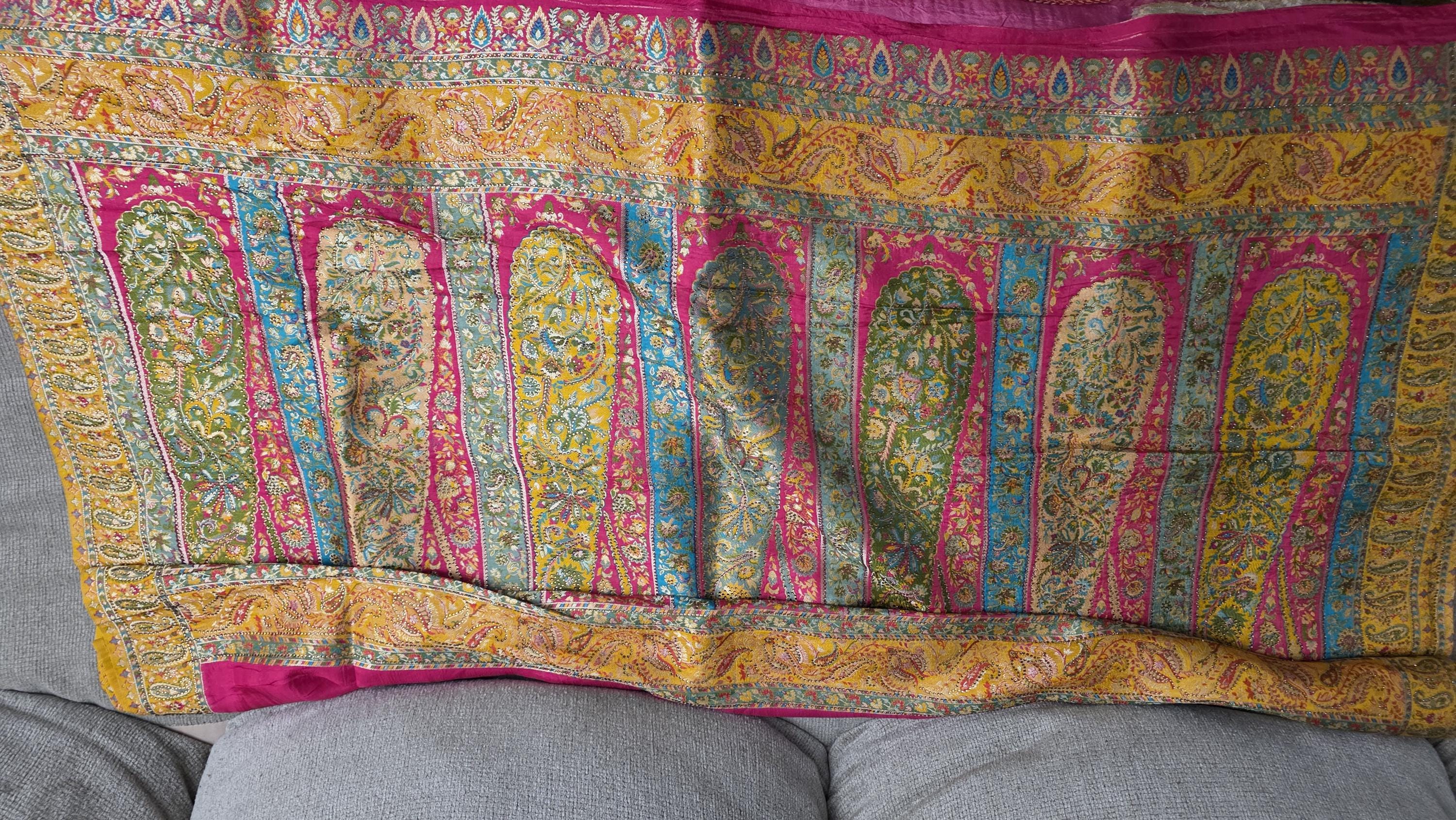 Hot Pink Pure Crepe Silk Saree with Yellow Kashmiri Palla | Luxury Paisley Designer Saree | Wedding Party Wear | Includes Blouse Piece