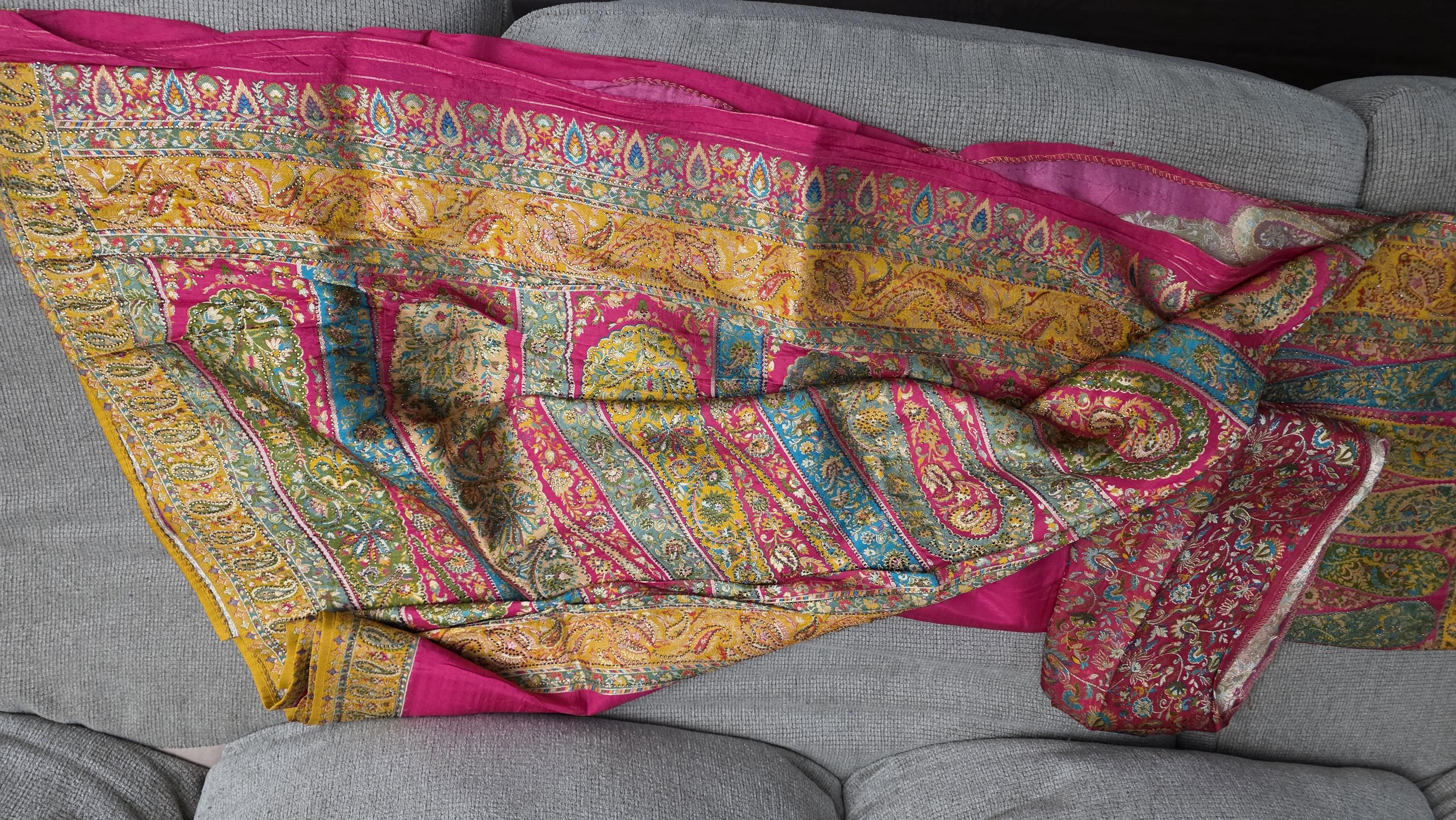 Hot Pink Pure Crepe Silk Saree with Yellow Kashmiri Palla | Luxury Paisley Designer Saree | Wedding Party Wear | Includes Blouse Piece
