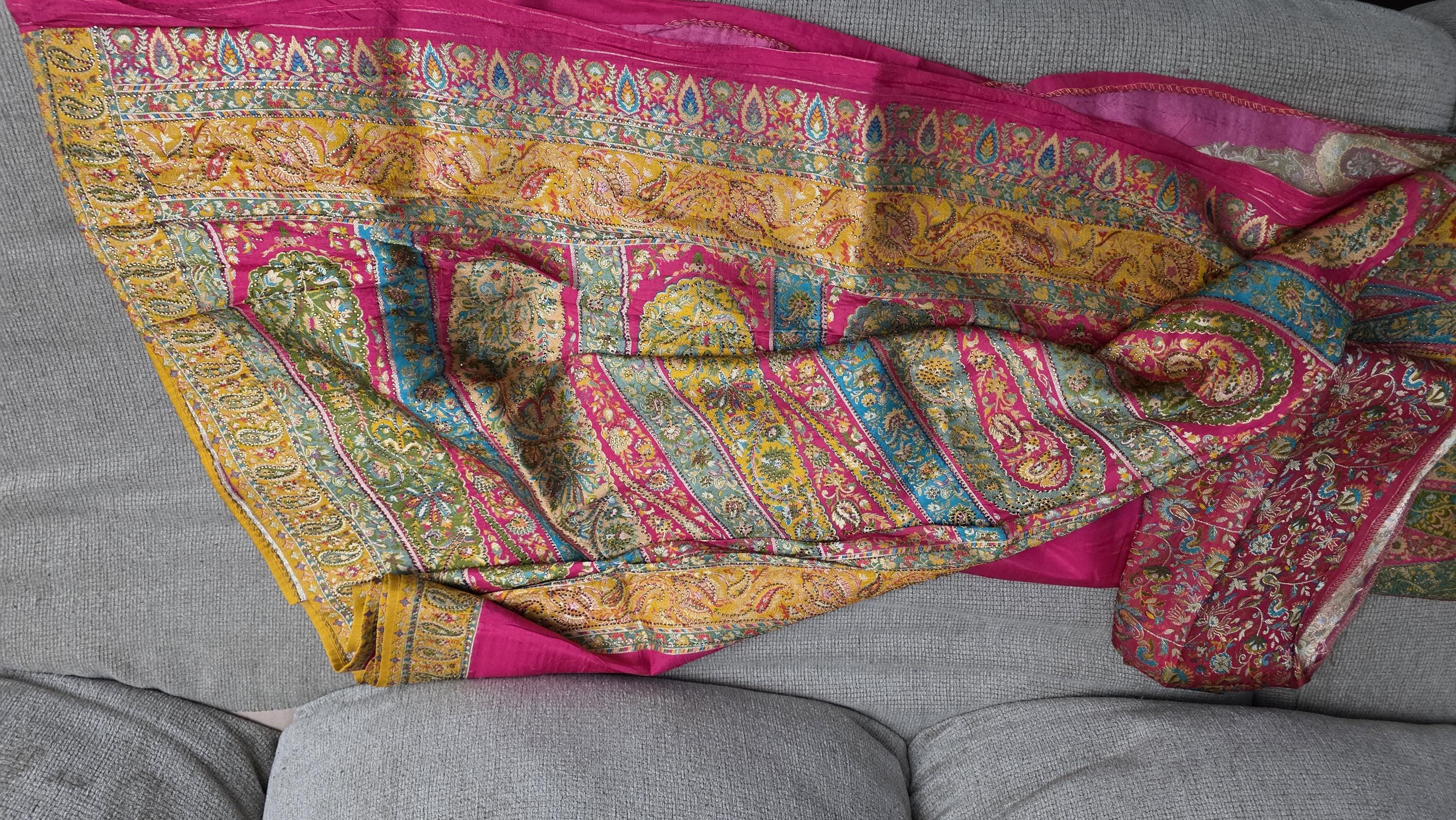 Hot Pink Pure Crepe Silk Saree with Yellow Kashmiri Palla | Luxury Paisley Designer Saree | Wedding Party Wear | Includes Blouse Piece