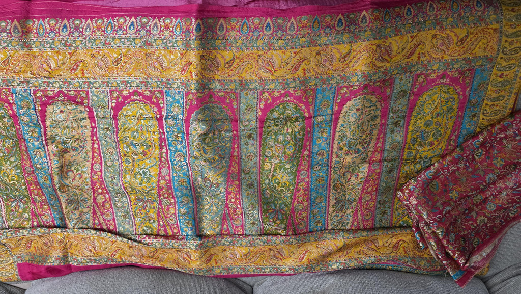 Hot Pink Pure Crepe Silk Saree with Yellow Kashmiri Palla | Luxury Paisley Designer Saree | Wedding Party Wear | Includes Blouse Piece