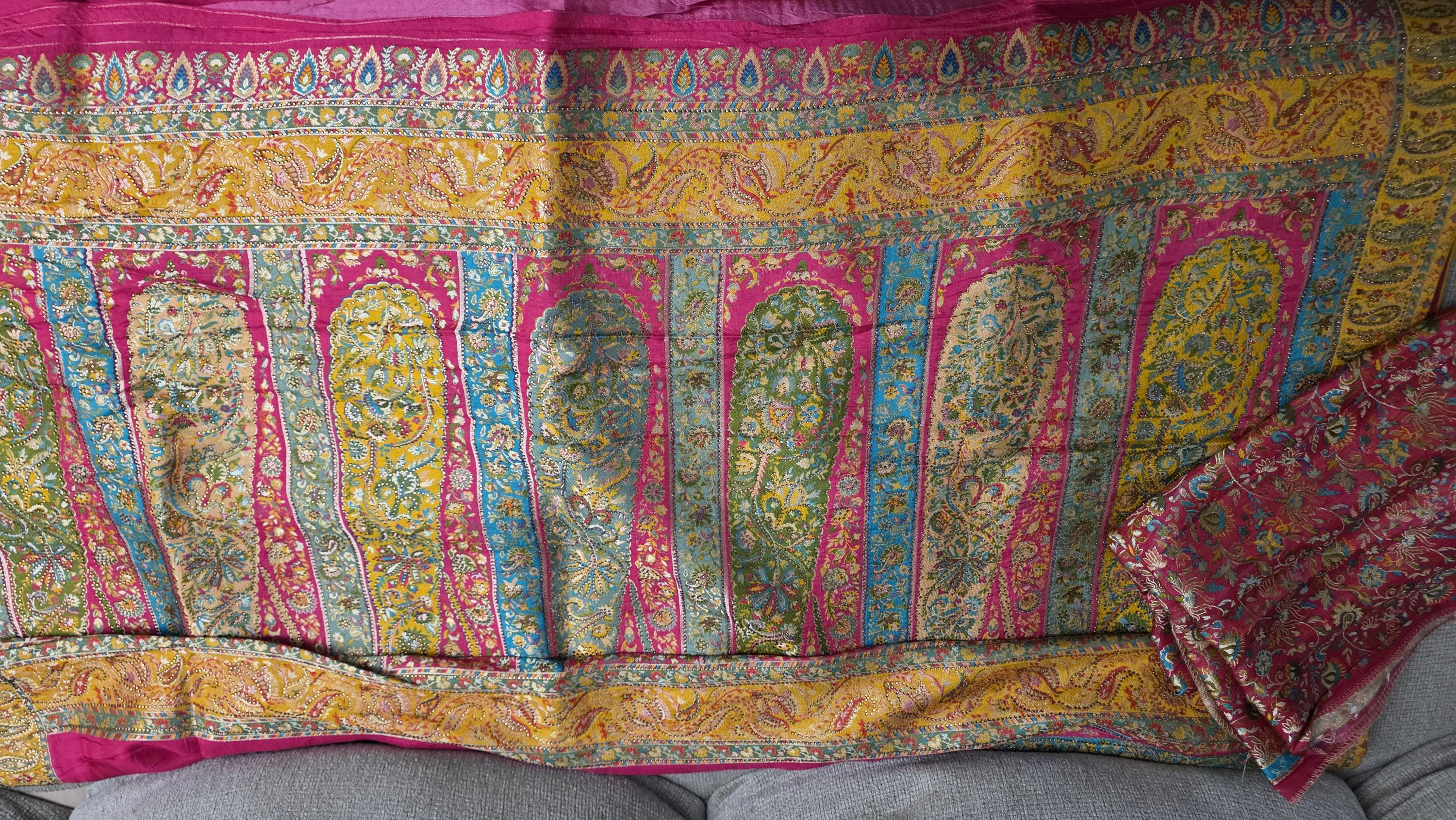 Hot Pink Pure Crepe Silk Saree with Yellow Kashmiri Palla | Luxury Paisley Designer Saree | Wedding Party Wear | Includes Blouse Piece