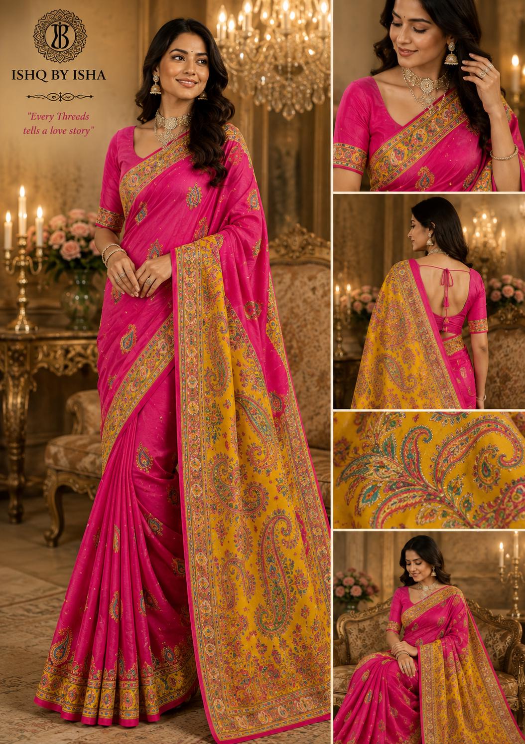 Hot Pink Pure Crepe Silk Saree with Yellow Kashmiri Palla | Luxury Paisley Designer Saree | Wedding Party Wear | Includes Blouse Piece