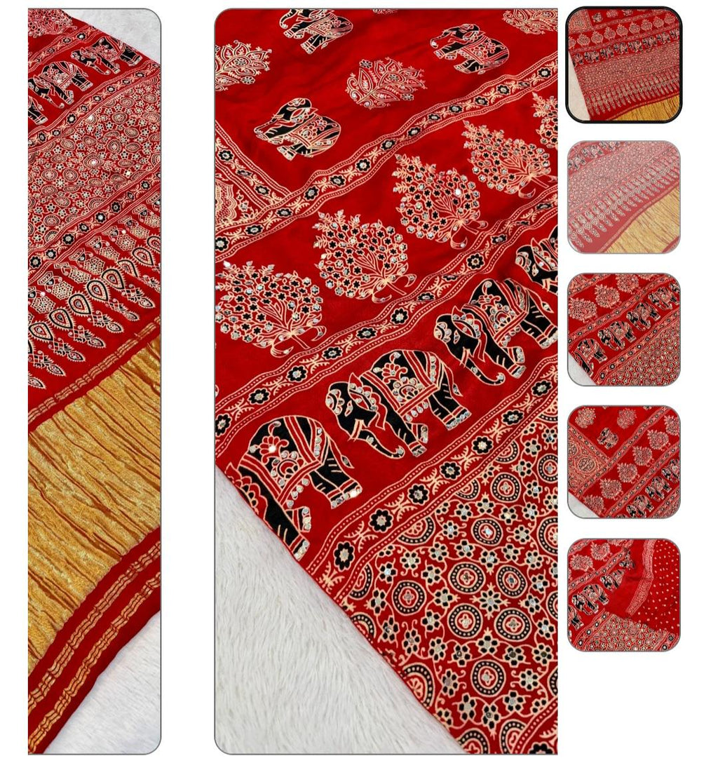 Red Handblock Ajrakh Mirror Work Saree | 500+ Real Mirror Saree | Elephant Print Indian Ethnic Saree | Festive Navratri