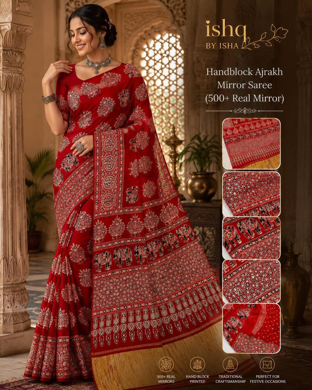 Red Handblock Ajrakh Mirror Work Saree | 500+ Real Mirror Saree | Elephant Print Indian Ethnic Saree | Festive Navratri