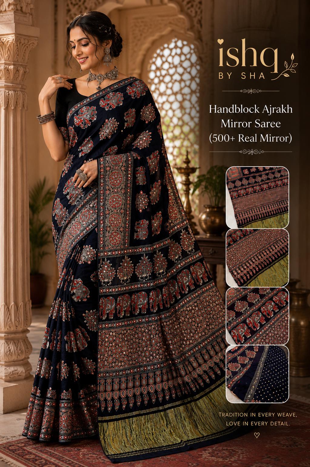 BLUE Handblock Ajrakh Mirror Work Saree | 500+ Real Mirror Saree | Elephant Print Indian Ethnic Saree | Festive Navratri