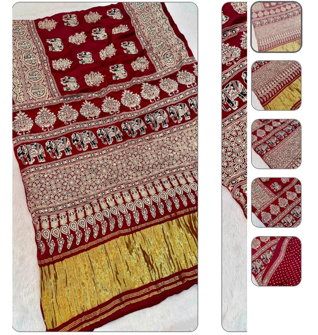 Maroon Handblock Ajrakh Mirror Work Saree | 500+ Real Mirror Saree | Elephant Print Indian Ethnic Saree | Festive Navratri