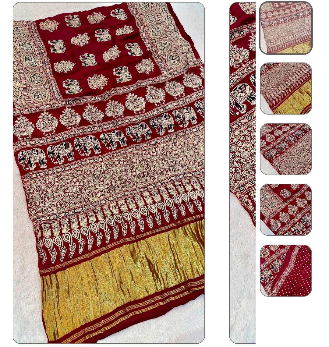 Maroon Handblock Ajrakh Mirror Work Saree | 500+ Real Mirror Saree | Elephant Print Indian Ethnic Saree | Festive Navratri