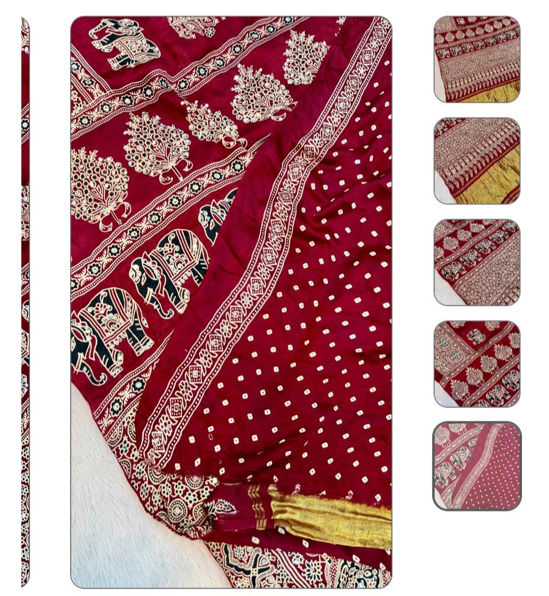 Maroon Handblock Ajrakh Mirror Work Saree | 500+ Real Mirror Saree | Elephant Print Indian Ethnic Saree | Festive Navratri