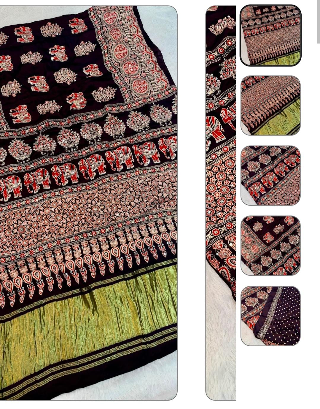 Wine Handblock Ajrakh Mirror Work Saree | 500+ Real Mirror Saree | Elephant Print Indian Ethnic Saree | Festive Navratri