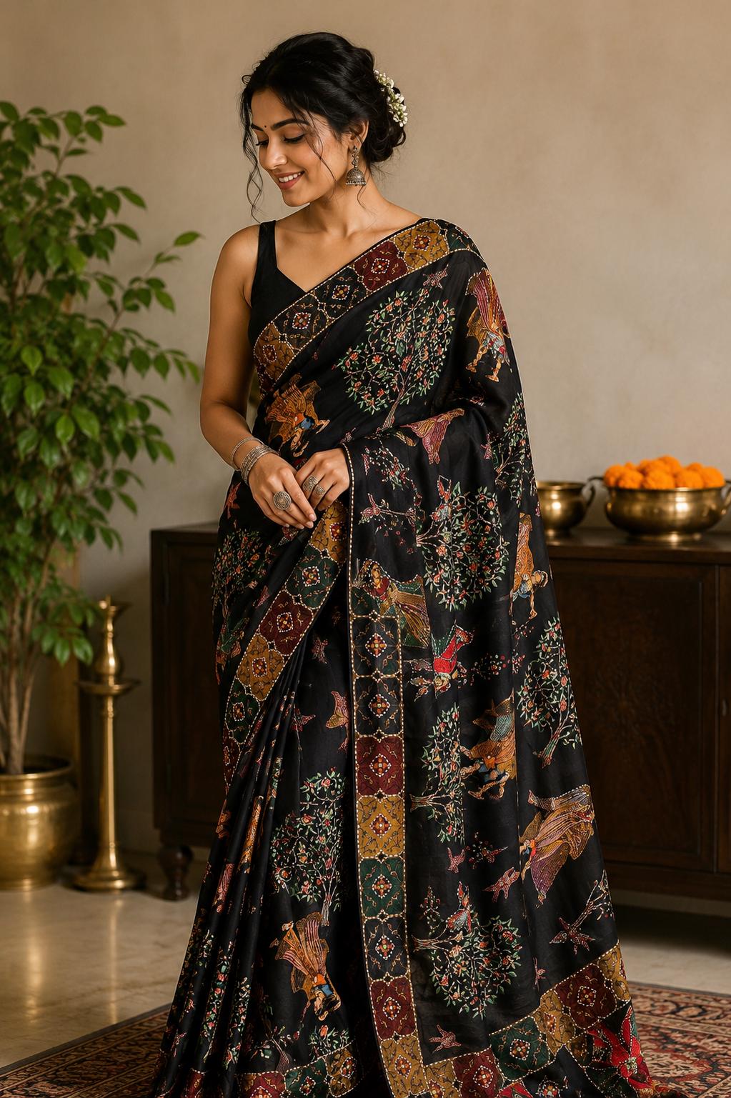 Black Kantha Work Crepe Saree | Handmade Folk Art Printed Saree | Soft Crepe Indian Saree | Traditional Ethnic Wear | Festive Party Saree |