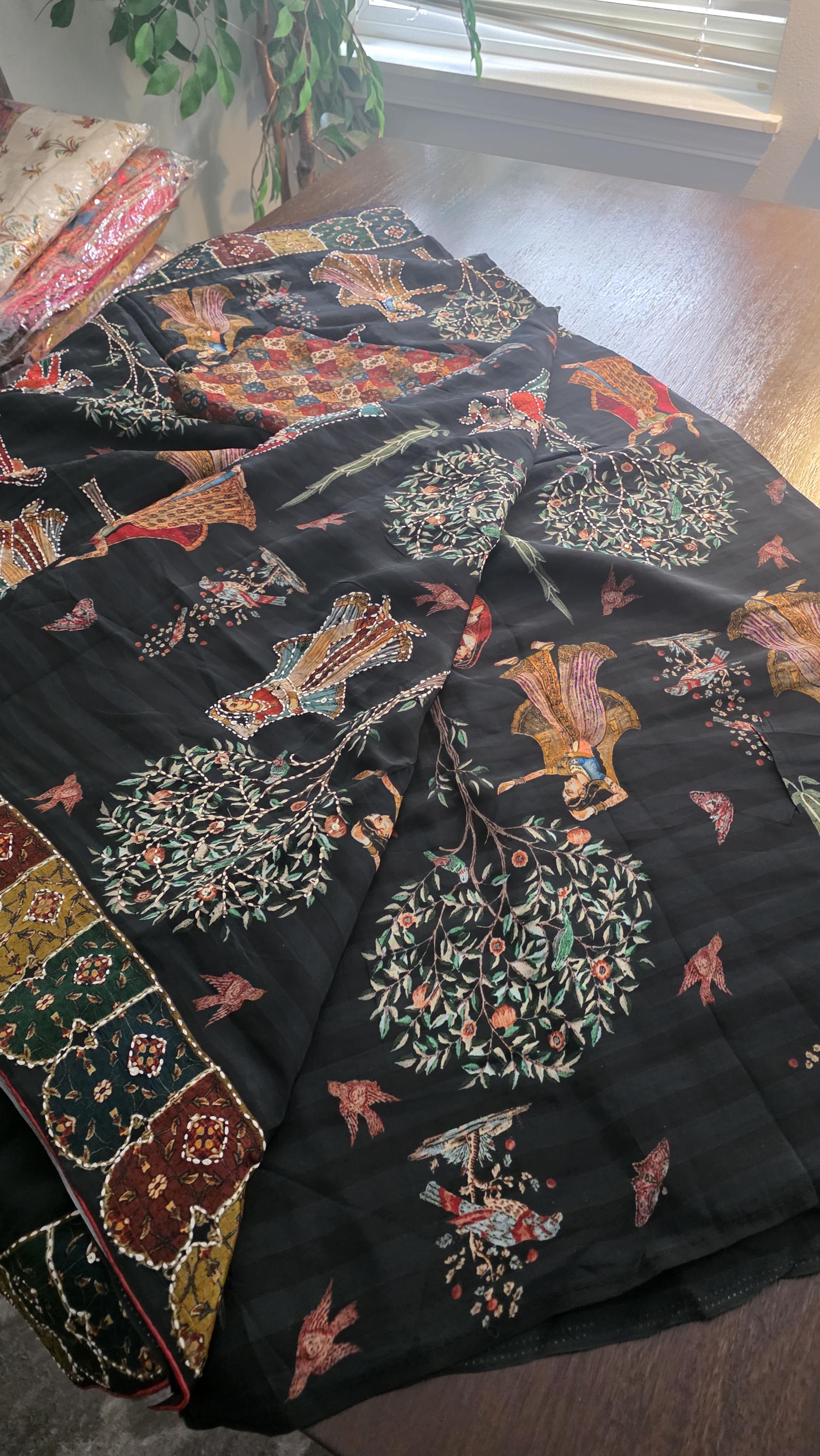 Black Kantha Work Crepe Saree | Handmade Folk Art Printed Saree | Soft Crepe Indian Saree | Traditional Ethnic Wear | Festive Party Saree |