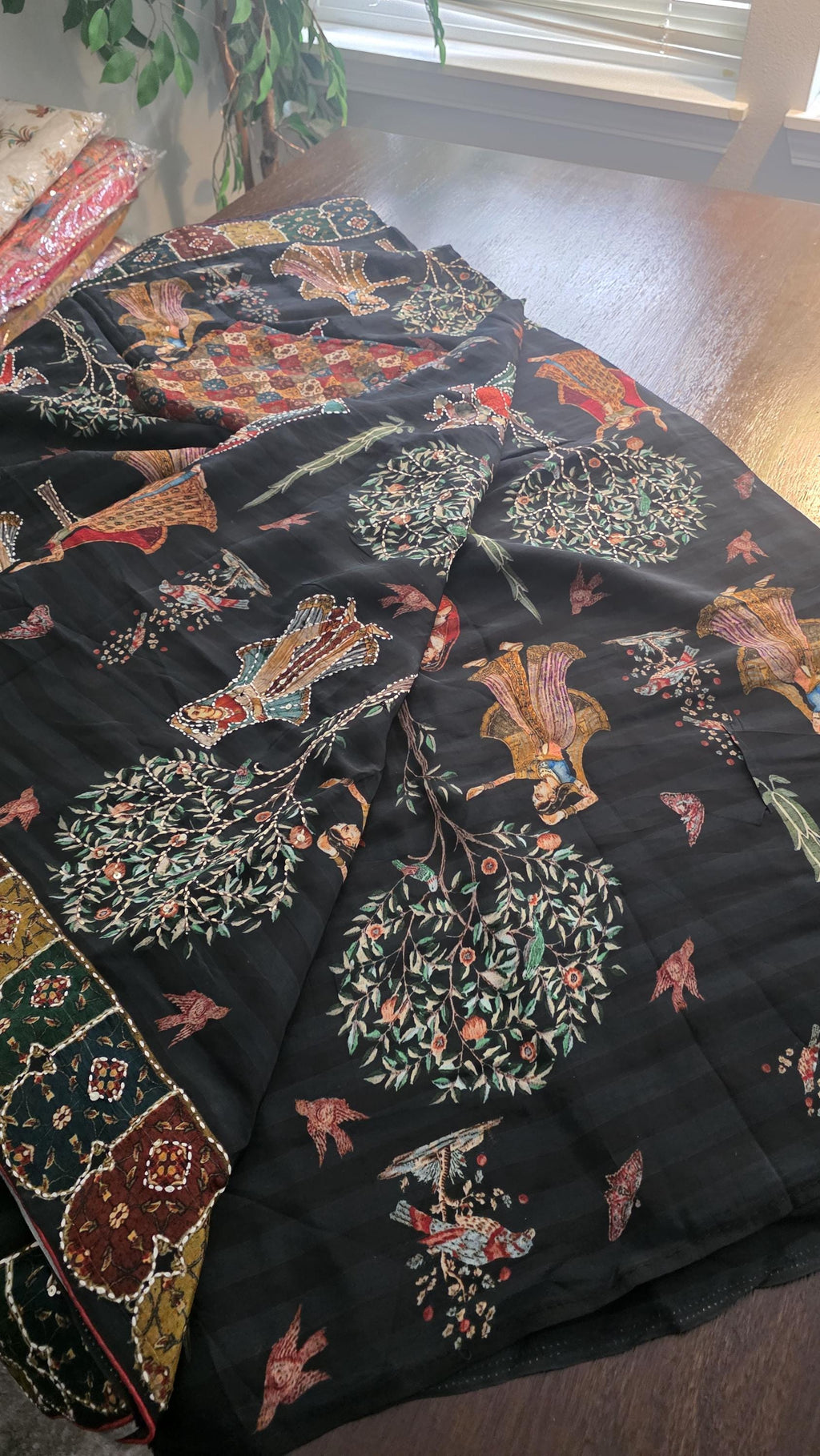 Black Kantha Work Crepe Saree | Handmade Folk Art Printed Saree | Soft Crepe Indian Saree | Traditional Ethnic Wear | Festive Party Saree |