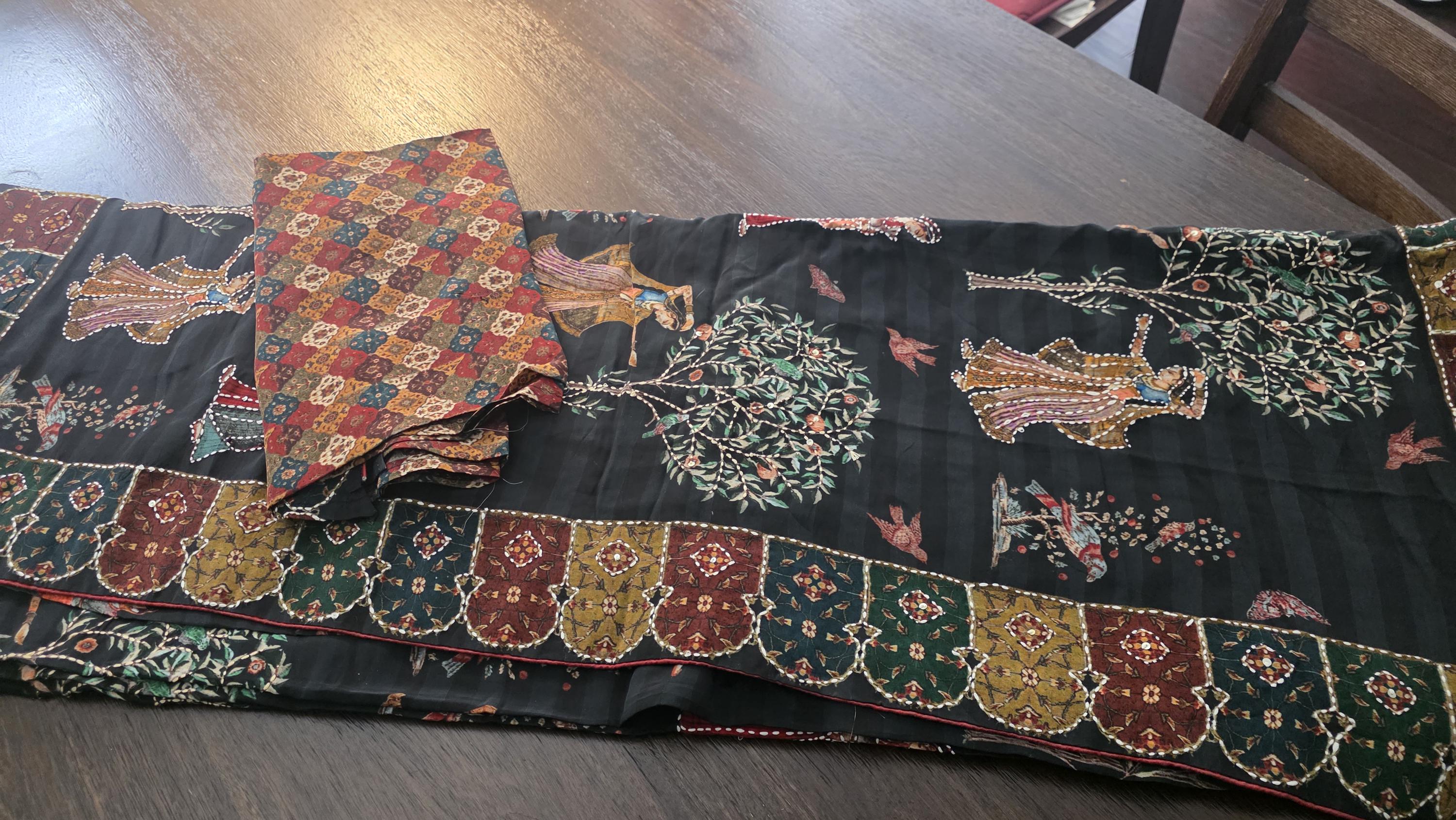 Black Kantha Work Crepe Saree | Handmade Folk Art Printed Saree | Soft Crepe Indian Saree | Traditional Ethnic Wear | Festive Party Saree |