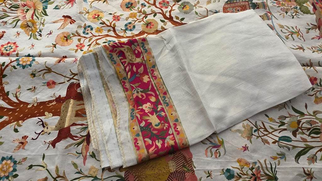 Cream Kantha Work Crape Silk weaved saree