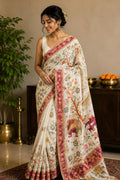 Cream Kantha Work Crape Silk weaved saree