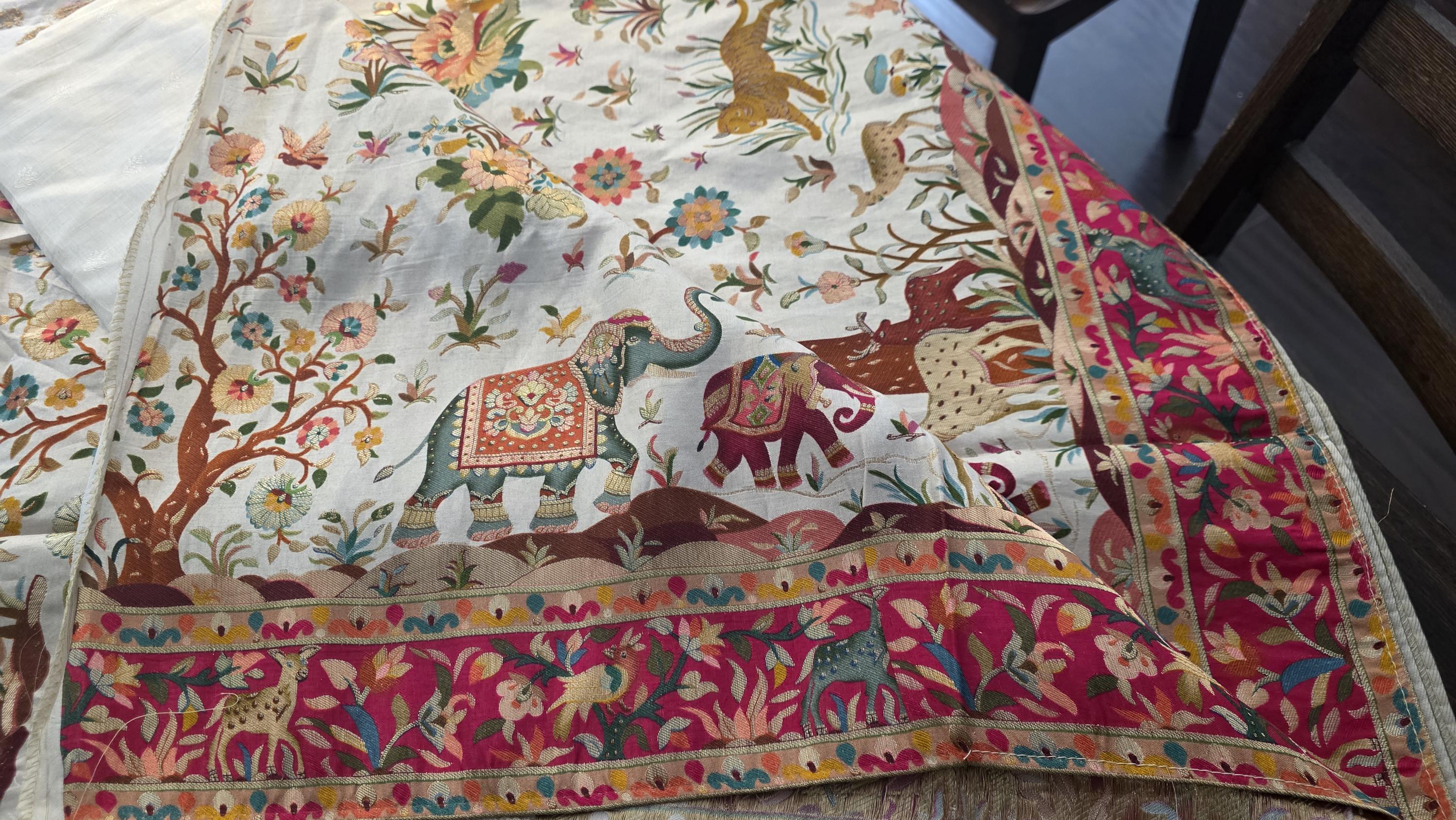 Cream Kantha Work Crape Silk weaved saree