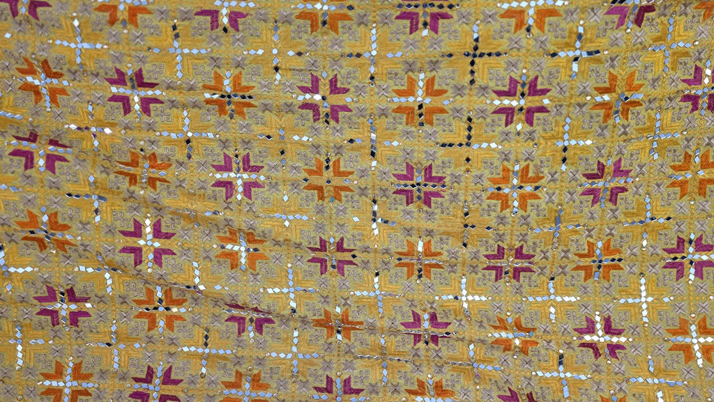 Handmade , Handwoven , Elegant vibrant & Authentic yellow Phulkari Dupatta / Indian Scarf. Hand embroidered .