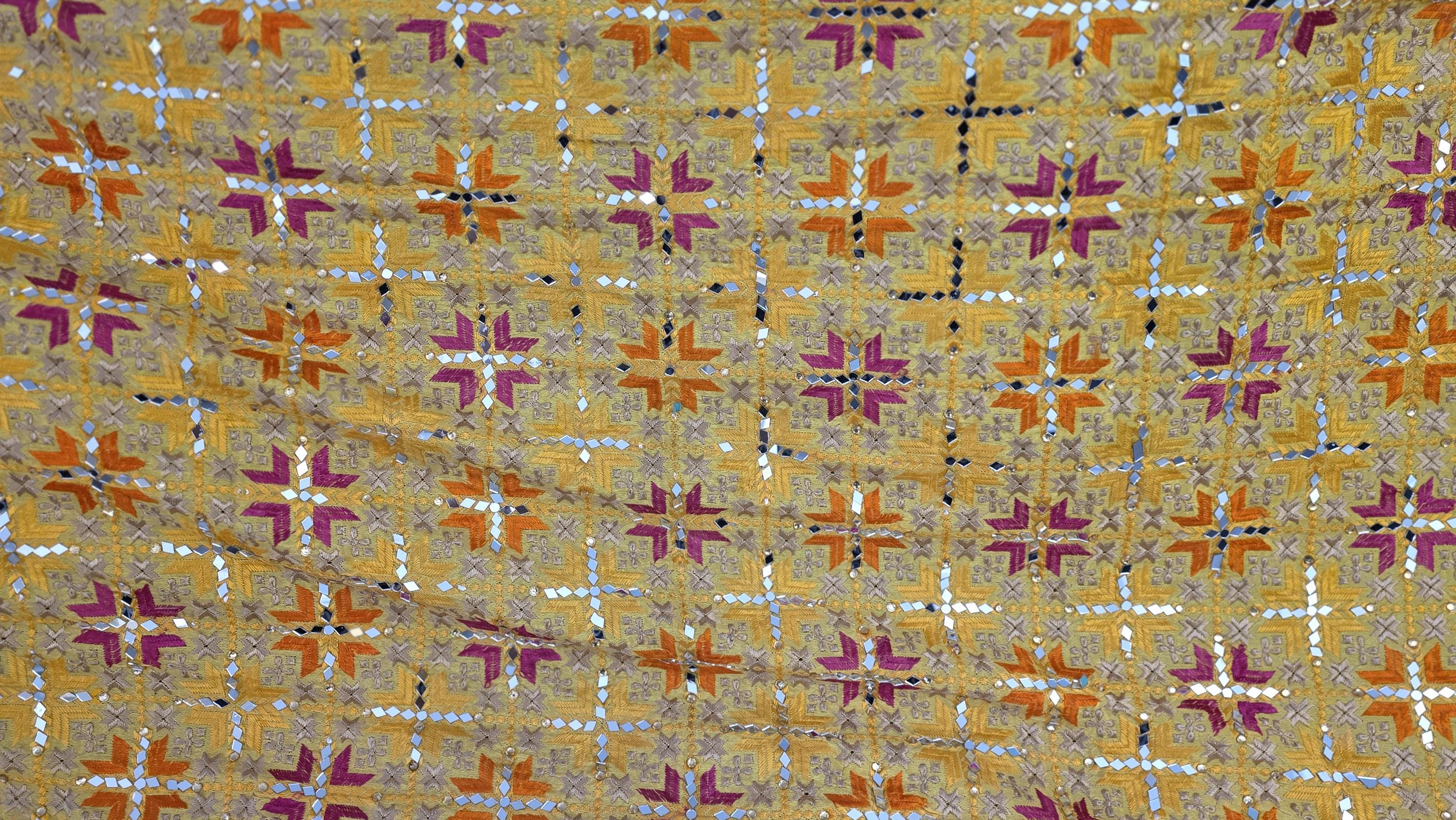 Handmade , Handwoven , Elegant vibrant & Authentic yellow Phulkari Dupatta / Indian Scarf. Hand embroidered .