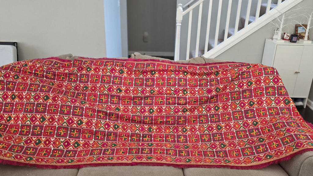 Handmade , Handwoven , Elegant vibrant & Authentic Pink Multicolour Phulkari Dupatta / Indian Scarf. Hand embroidered .