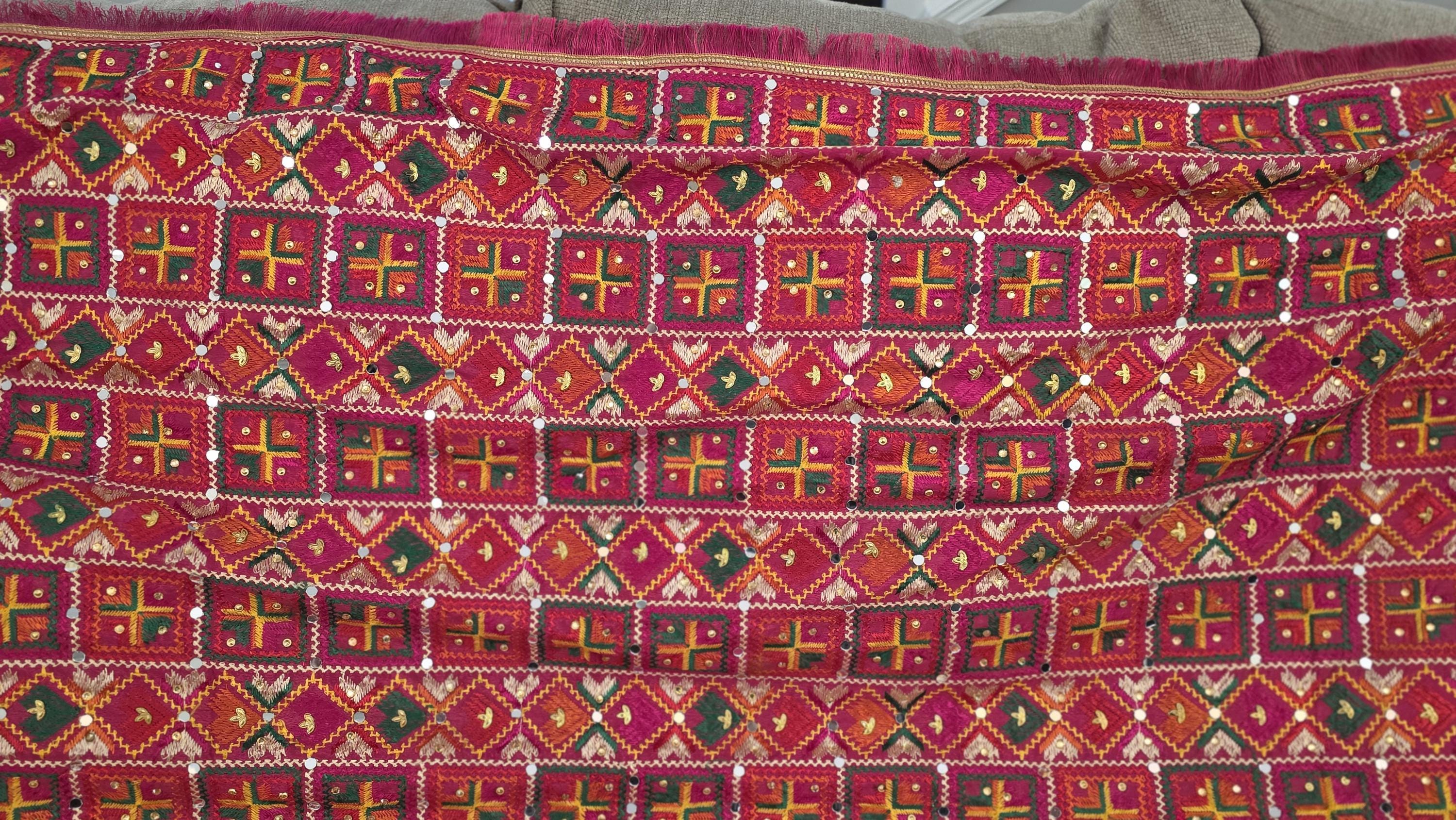 Handmade , Handwoven , Elegant vibrant & Authentic Pink Multicolour Phulkari Dupatta / Indian Scarf. Hand embroidered .