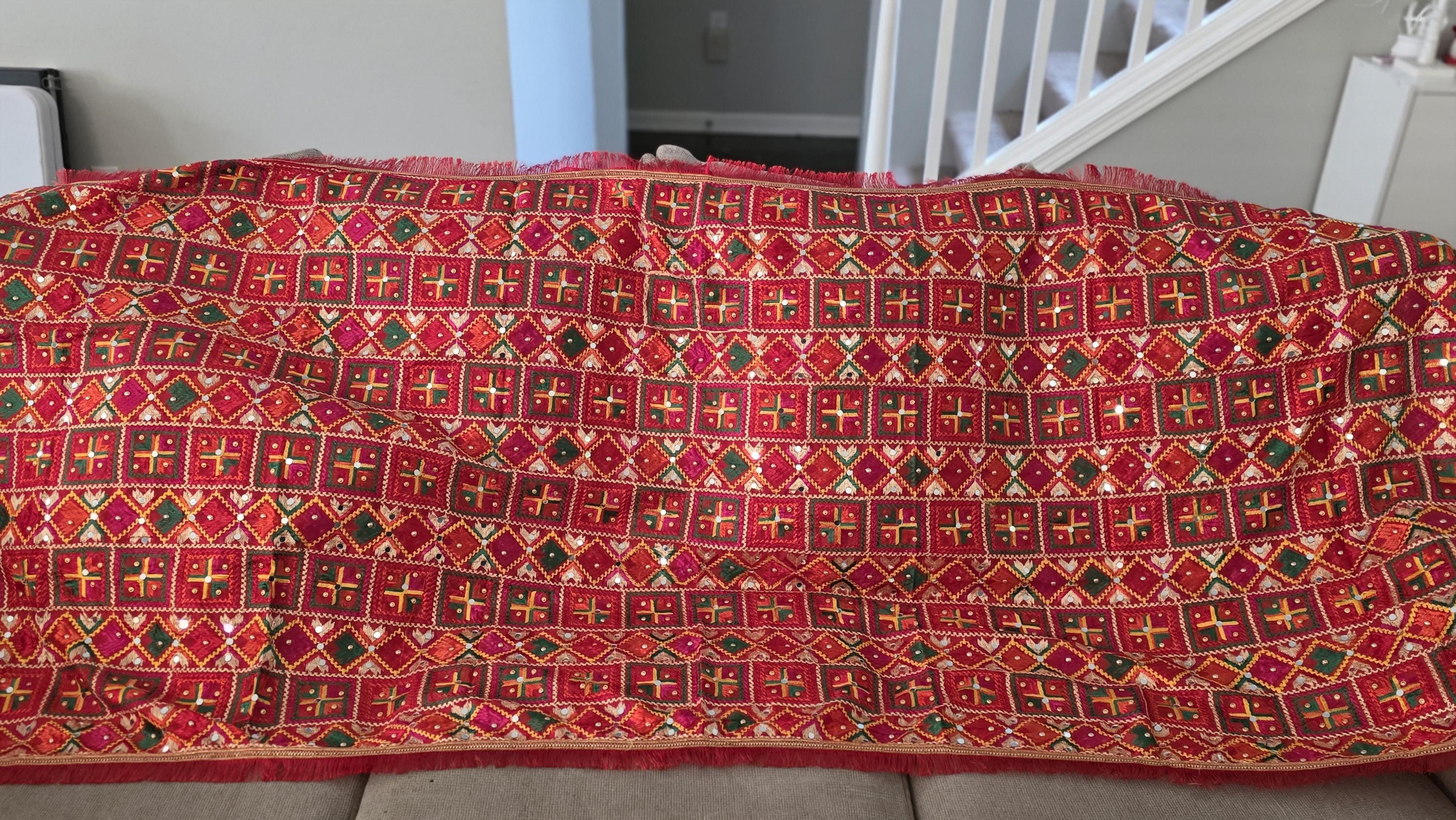 Handmade , Handwoven , Elegant vibrant & Authentic Red Multicolour Phulkari Dupatta / Indian Scarf. Hand embroidered .