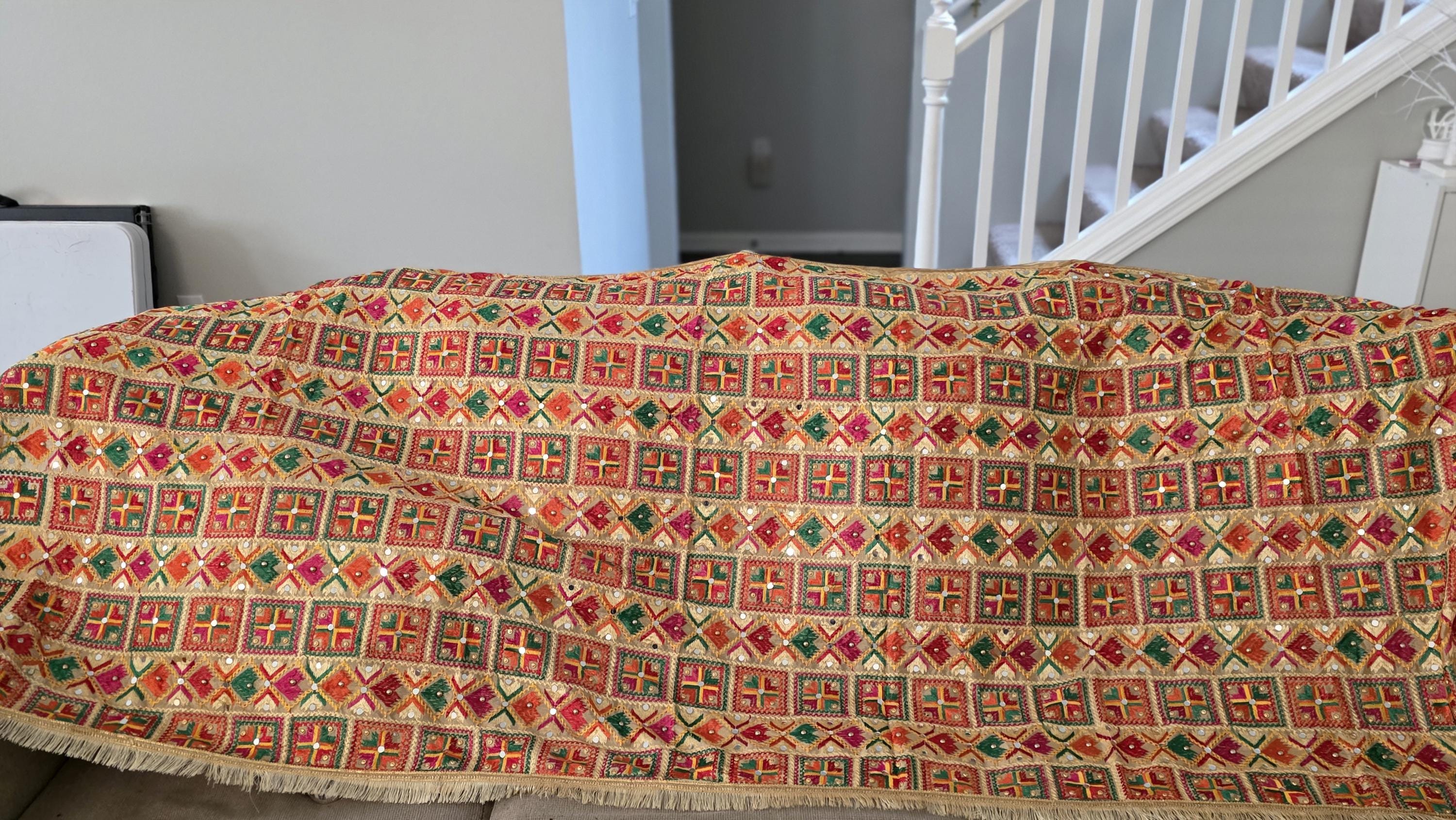 Handmade , Handwoven , Elegant vibrant & Authentic Golden/beige Multicolour Phulkari Dupatta / Indian Scarf. Hand embroidered .