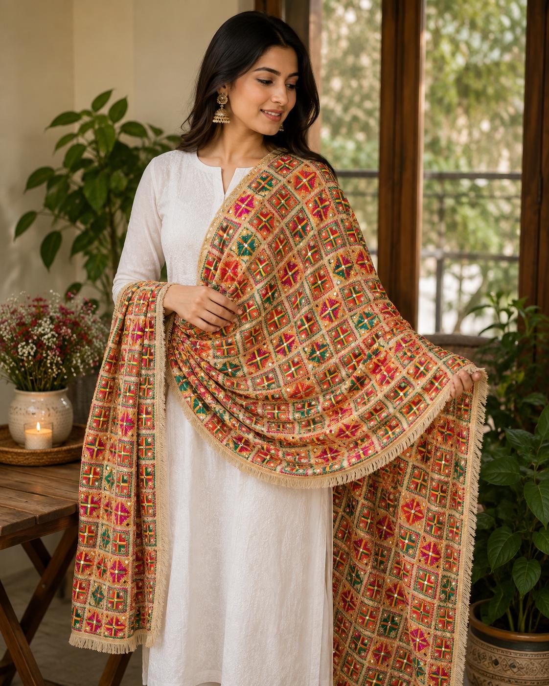 Handmade , Handwoven , Elegant vibrant & Authentic Golden/beige Multicolour Phulkari Dupatta / Indian Scarf. Hand embroidered .