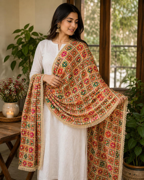 Handmade , Handwoven , Elegant vibrant & Authentic Golden/beige Multicolour Phulkari Dupatta / Indian Scarf. Hand embroidered .