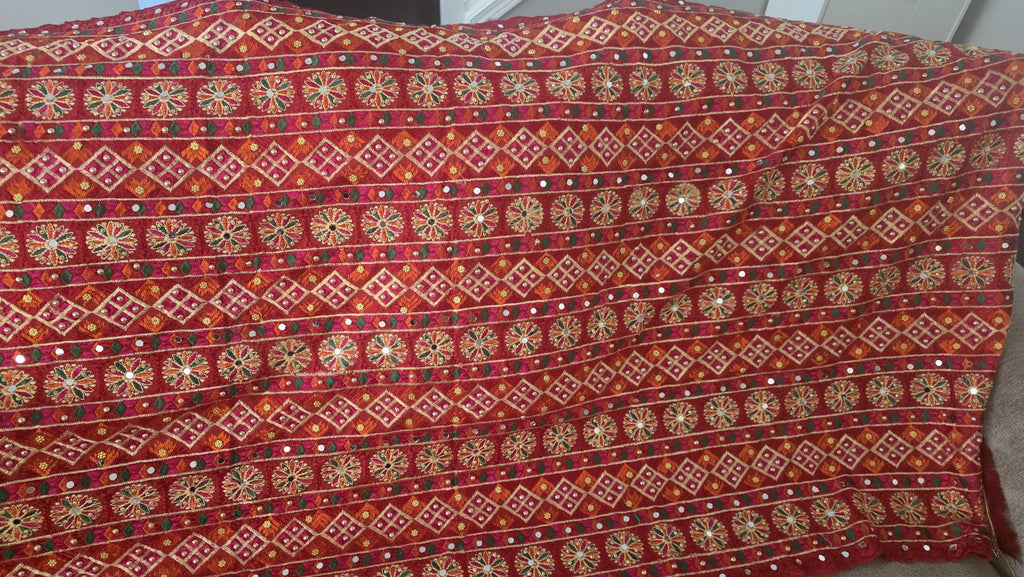 Handmade , Handwoven , Elegant vibrant & Authentic Red Multicolour Phulkari Dupatta / Indian Scarf. Hand embroidered .