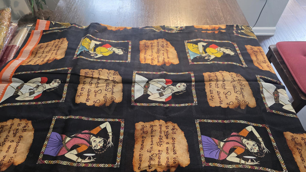 Exquisite black Pure Pattu digital print sarees in Mangalagiri silk Handwoven Elegance. Fall and Pico done