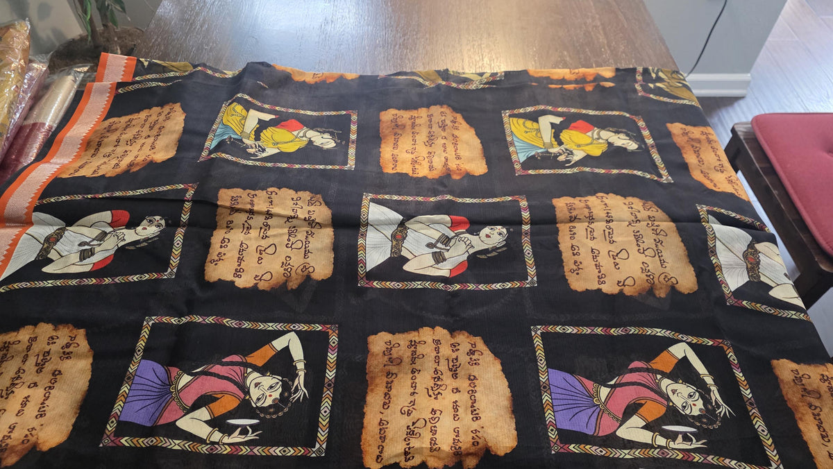 Exquisite black Pure Pattu digital print sarees in Mangalagiri silk Handwoven Elegance. Fall and Pico done